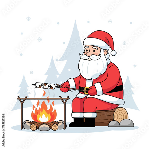 Santa Claus roasting marshmallows over a campfire in a snowy winter forest scene.