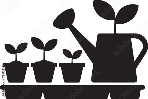 Plant Sprouting Setup Silhouette with Trays Soil Watering Can and Pots