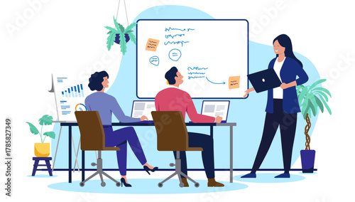 Business team brainstorming and presenting strategy in a modern office, two colleagues watching a female presenter write notes on a whiteboard, flat design vector illustration on white background