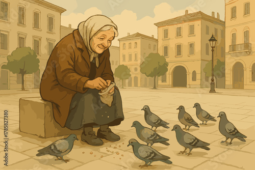 Elderly caucasian woman in a hooded coat sitting on a bench, feeding pigeons in a quaint town square, surrounded by historic buildings.