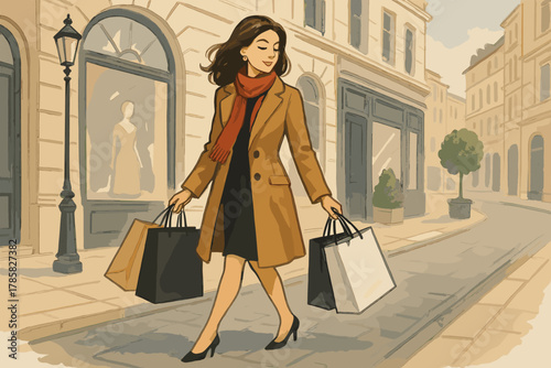 Elegant young caucasian female in a stylish coat and scarf carrying shopping bags while strolling along a charming city street.