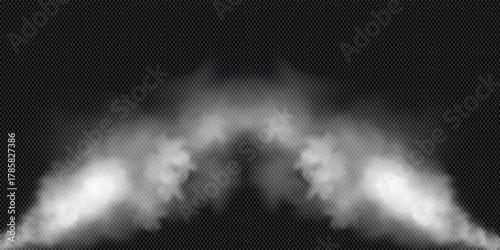 White smoke cloud with overlay effect on transparent background. Realistic border with fog. Vector illustration of smoky mist or toxic vapor on floor. Meteorological phenomenon or condensation.