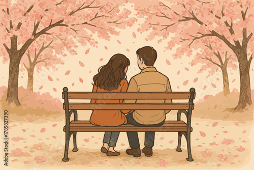 A young caucasian couple sits on a park bench surrounded by cherry blossom trees, enjoying a peaceful moment.