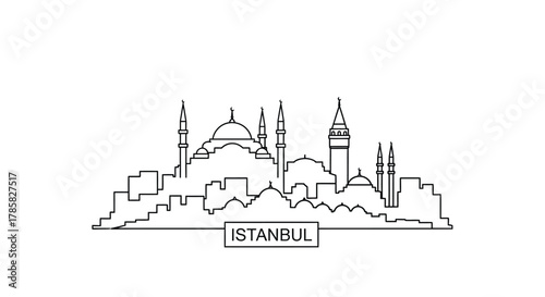 Minimalist line art illustration of the Istanbul, Turkey city skyline with famous landmarks on a white background.