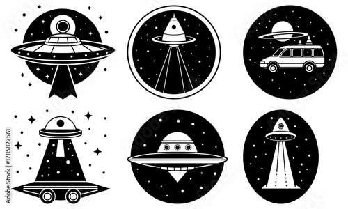 UFO invasion vector set, flying saucers, aliens and cosmic travel, perfect for sci-fi designs, futuristic themes, and otherworldly concepts