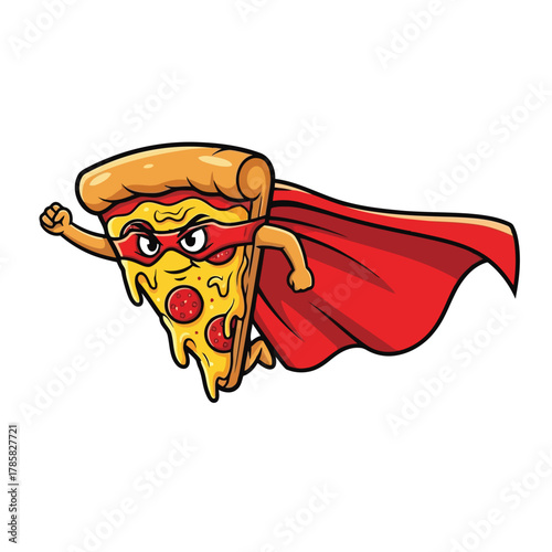 Cartoon pizza slice superhero flying with cape, it is a funny and humorous illustration