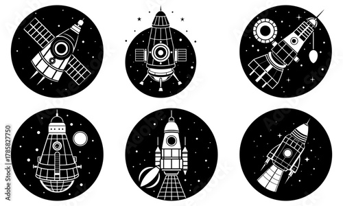 Bold space exploration icons showcasing spacecraft, satellites, and rockets ready for liftoff, celebrating cosmic journeys and future technology in space