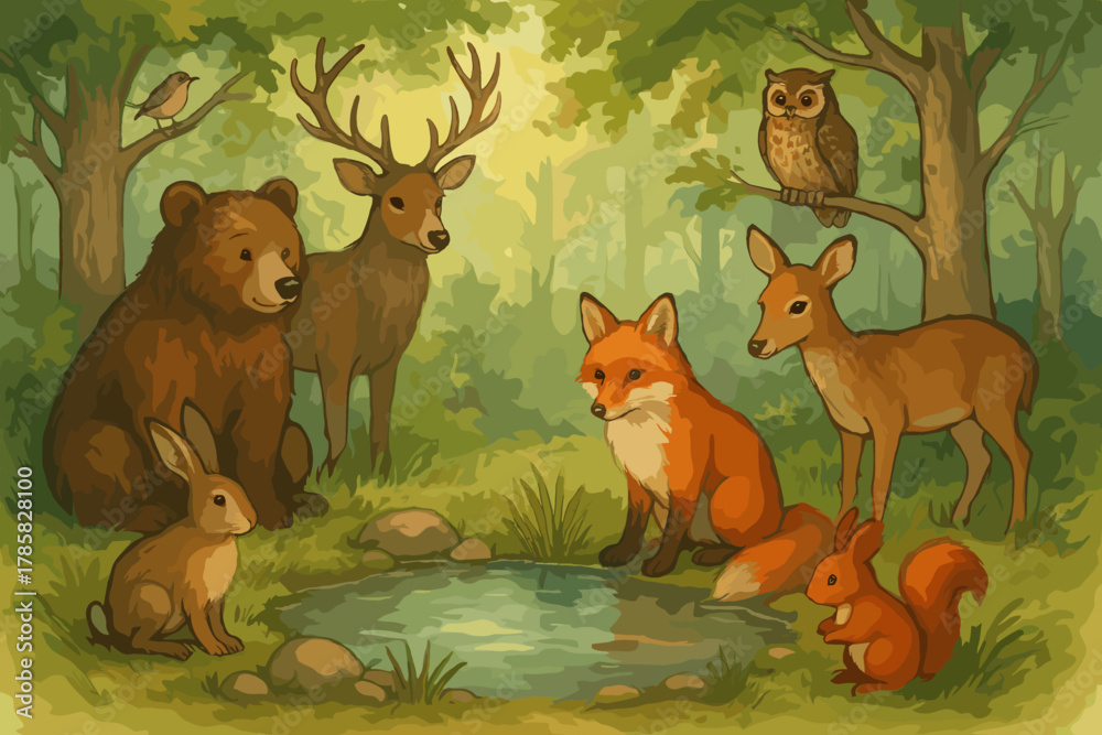 Naklejka premium A group of forest animals, including a bear, deer, fox, rabbit, squirrel, and owl, gather peacefully around a small pond in a lush woodland setting.