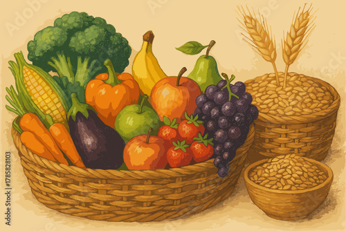A wicker basket filled with a variety of fresh fruits and vegetables including broccoli, corn, bananas, and grapes, accompanied by baskets of grains.
