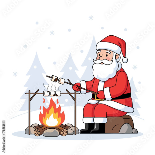 Santa Claus is roasting marshmallows over a campfire in a snowy winter landscape.