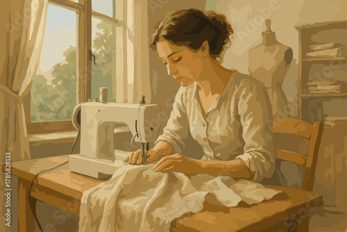 Young caucasian female using sewing machine in a sunlit room, focused on stitching fabric with a dress form in the background.