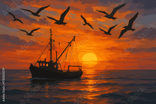 A silhouette of a fishing boat sailing at sunset surrounded by a flock of birds against a vibrant orange sky.