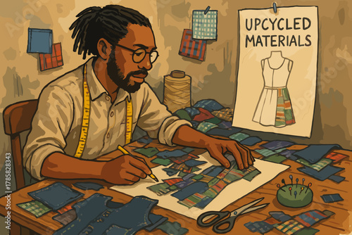 African male adult fashion designer working on upcycled materials at a table, creating a new dress design with fabrics and tools.