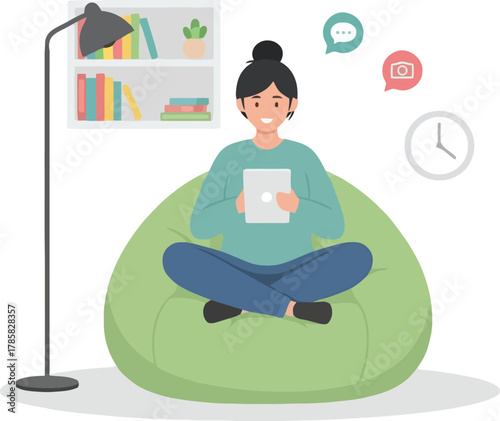 Flat Illustration of Man on Bean Bag Using Tablet for Remote Work or Study