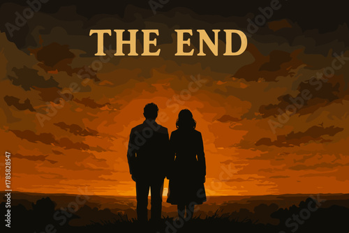 Silhouetted man and woman stand together, facing a dramatic sunset with "the end" text above them.