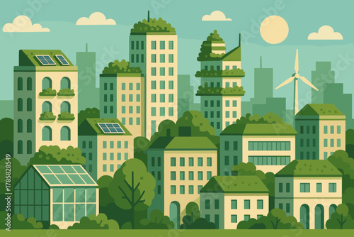 Stylized cityscape featuring modern green architecture with buildings adorned with plants, solar panels, and a wind turbine against a soft urban skyline.