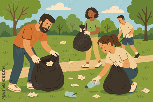 Group of diverse young and adult volunteers picking up litter and placing it in black bags during a community cleanup in a park.