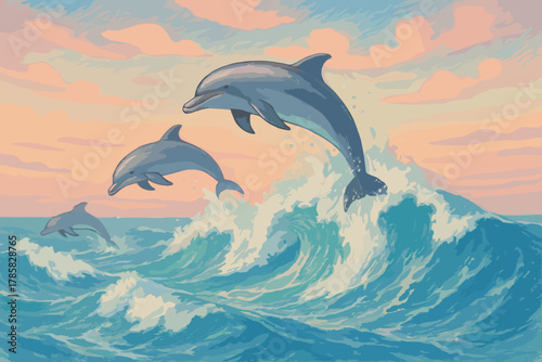 Three dolphins majestically leap over crashing ocean waves against a vibrant, colorful sky at sunset.
