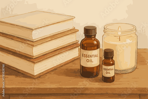 Two amber bottles labeled "essential oil" sit next to a lit candle and a stack of four hardcover books on a wooden surface.