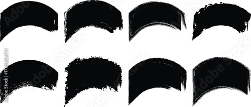 Collection of eight distressed black arched brush stroke shapes isolated on transparent background