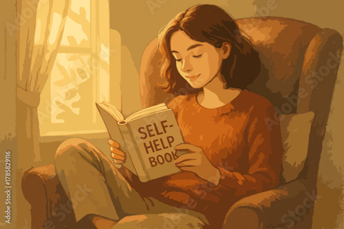 Young caucasian female reading a self-help book while sitting comfortably in a cozy armchair by a window.