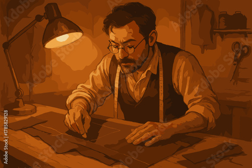 Male tailor tracing patterns on fabric under a warm desk lamp, with tools and materials surrounding him in a workshop setting.