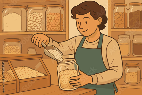 Smiling cartoon male shopkeeper with short brown hair pours rice into a jar at a bulk foods store filled with various grains and cereals.