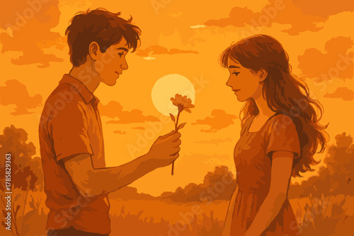 Young caucasian male presenting a flower to a young caucasian female at sunset, conveying a romantic and heartfelt moment.