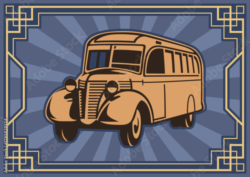1930s - 1940s Bus. Retro Transport Poster, Art Deco Frame, Classic Autobus. Old Color Palette