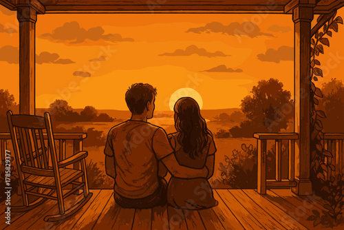 A young caucasian couple sits closely together on a wooden porch, watching a vibrant sunset over a scenic landscape, creating a serene and romantic atmosphere.