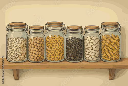 Six glass jars with wooden lids neatly arranged on a shelf, containing oats, chickpeas, cashews, black rice, white beans, and pasta.