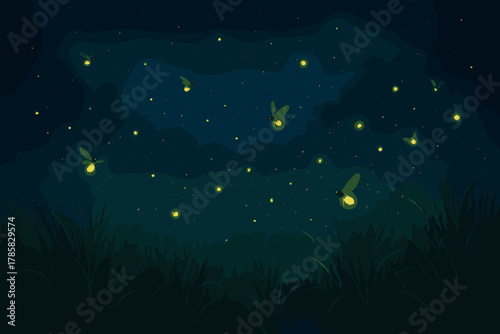 Glowing fireflies illuminate a serene night landscape with starry sky, surrounded by dark foliage and soft grass.
