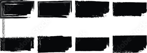 Collection of eight distressed black grunge frames and borders with rough textured edges isolated on transparent background