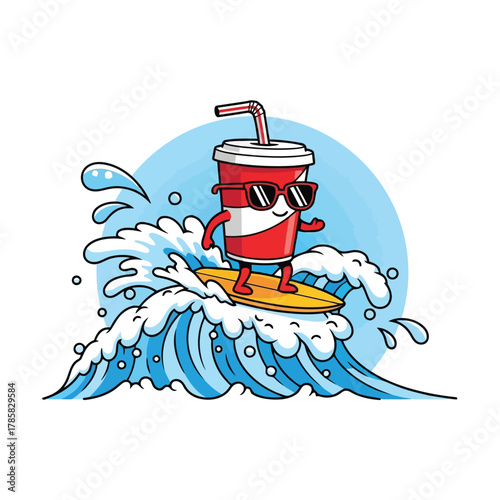 Cartoon soda cup surfing on a wave a fun and playful illustration of a refreshing drink enjoying a summer activity