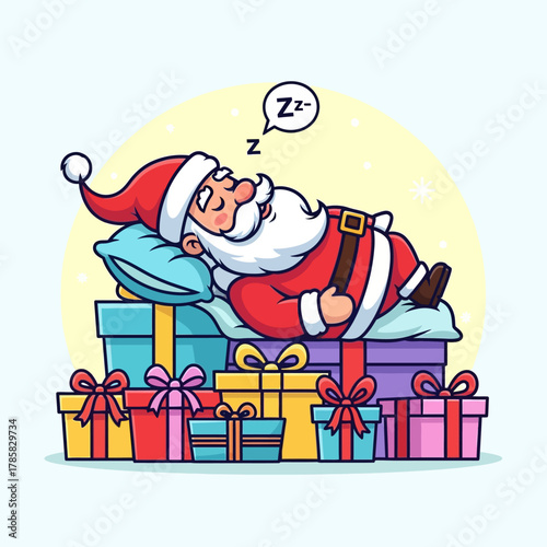 Cute cartoon illustration of Santa Claus taking a peaceful nap on a pile of festive Christmas gifts.