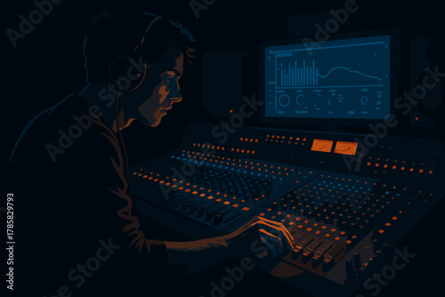 Male sound engineer in a dimly lit studio, focused on adjusting controls on an audio mixing console with a computer screen displaying audio levels.