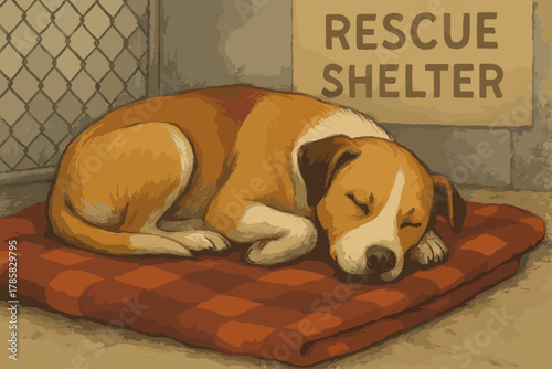 A brown and white dog sleeps peacefully on a red checkered blanket inside a rescue shelter, next to a sign reading "rescue shelter.