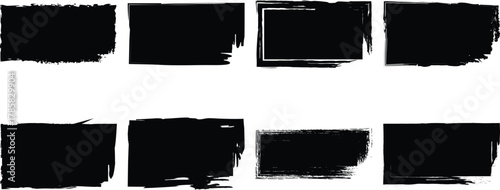 Collection of eight grunge distressed black rectangular frames with rough edges isolated on transparent background