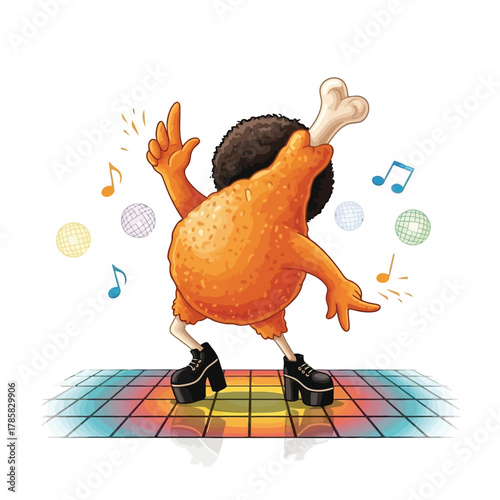 Funny cartoon fried chicken leg dancing on a disco floor humorous illustration of a chicken drumstick character having fun