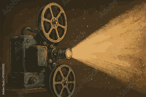 Vintage film projector casting a bright beam of light in a dimly lit room, highlighting the classic design of its dual reels and intricate mechanical details.