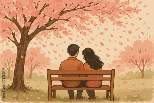 A couple sits on a wooden bench under a blooming cherry blossom tree, enjoying the serene pink petals gently falling around them.