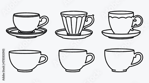 Elegant Tea Cup Vector Set Collection Line Art Illustration Isolated