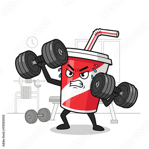Cartoon soda cup lifting dumbbell illustration of a strong drink character exercising in the gym