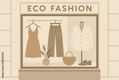 Display window showcasing eco-friendly clothing, featuring a dress, trousers, shirt, and accessories in a neutral palette, highlighting sustainable fashion.