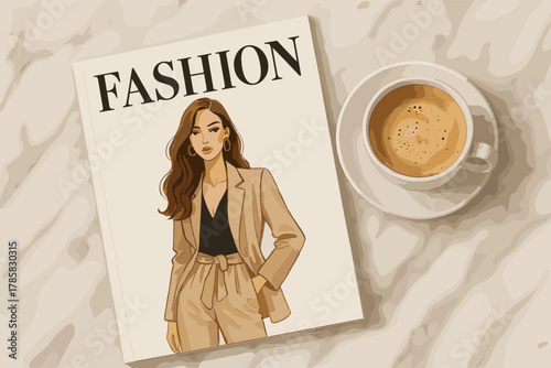Fashion magazine with a cover featuring a stylish illustration of a young female model in a chic suit, accompanied by a cappuccino cup on a textured surface.