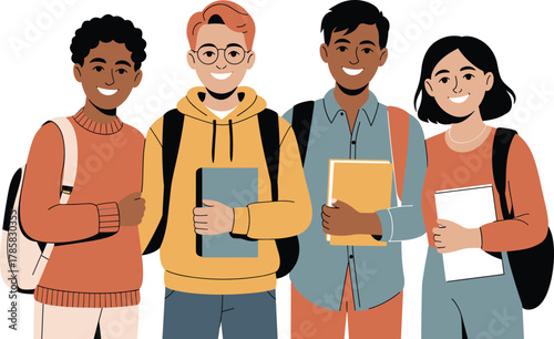 Group of Diverse Smiling University Students with Backpacks and Books