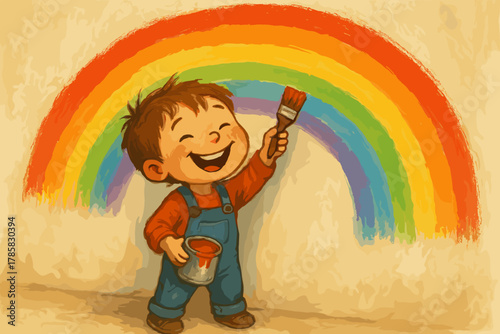 Young caucasian male child joyfully painting a rainbow on a wall with a brush while holding a can of red paint.