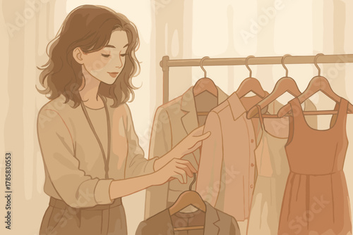 Young caucasian female browsing through a rack of hanging clothes, carefully selecting a garment in a store setting.