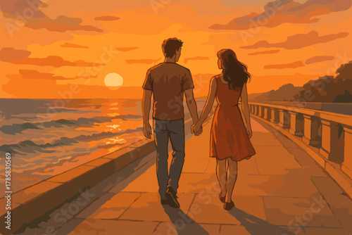 A young caucasian male and female couple holding hands while walking along a seaside promenade at sunset under an orange sky.