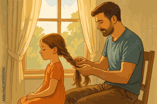 A caucasian adult male gently braids the hair of a young girl sitting in a sunlit room with curtains framing a window.